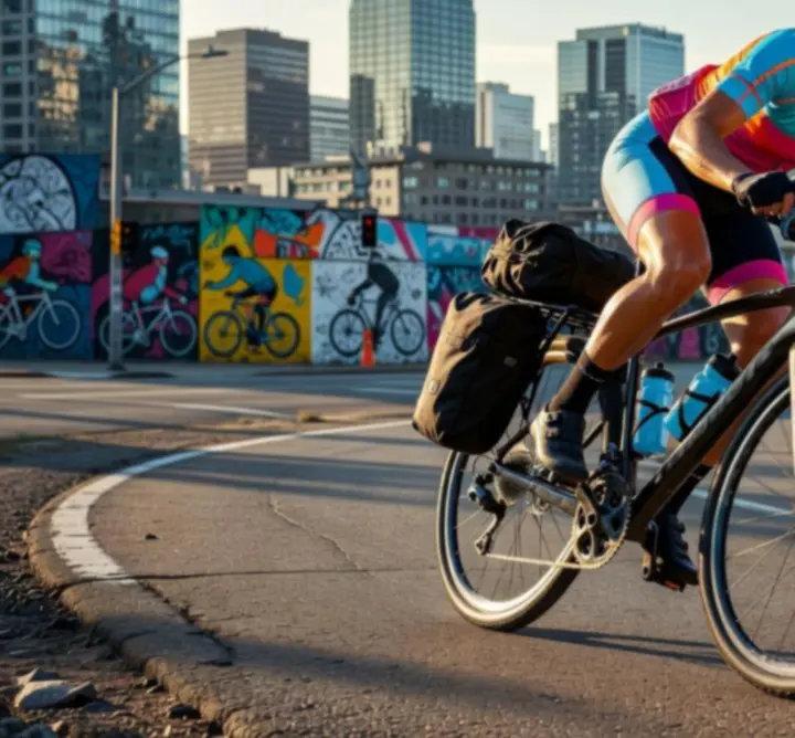 Dynamiczna scena z rowerzystą i akcesoriami rowerowymi