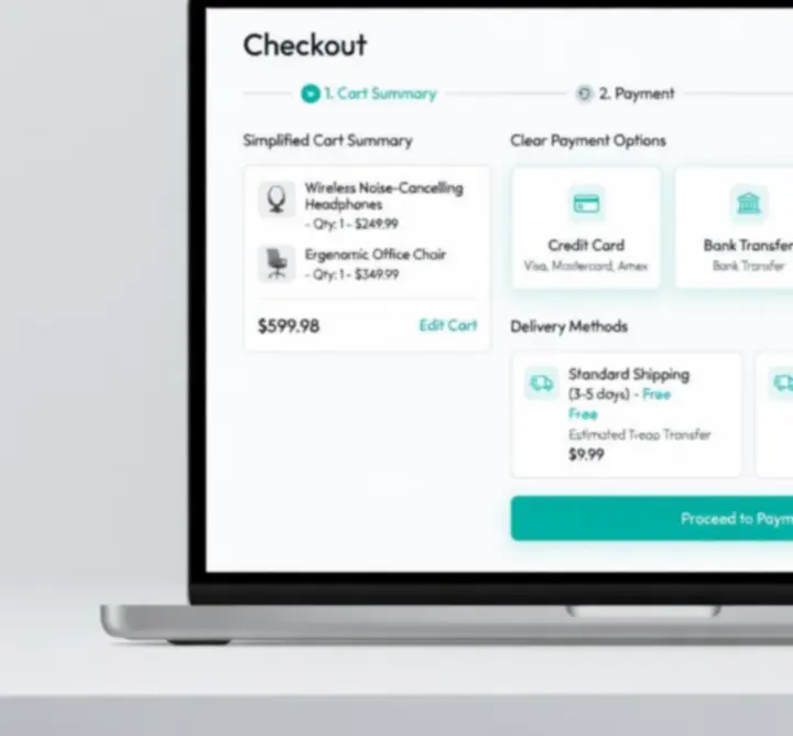 Ilustracja uproszczonego procesu koszyka i płatności w sklepie internetowym