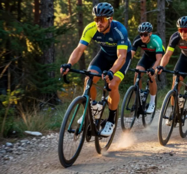 Dynamiczna scena jazdy na rowerze po otwartej drodze, symbolizująca energię i wolność