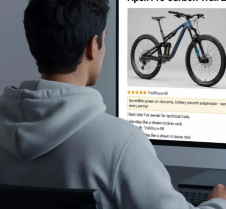 Podgląd strony produktu z dużym zdjęciem roweru, opisem i przyciskiem dodania do koszyka